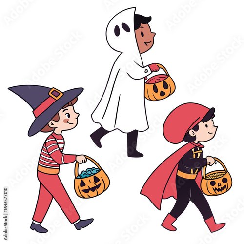 Three children in halloween costumes walking with pumpkin baskets for trick or treating celebration event