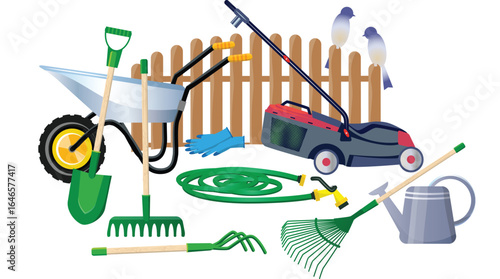 Cheerful Autumn Gardening Tools: Wheelbarrow, Lawnmower, Rake, Shovel, Hose, and Watering Can near Wooden Fence with Birds.