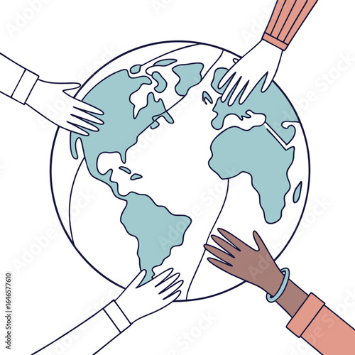 Diverse hands encircling a stylized globe showcasing unity and global cooperation on a white background