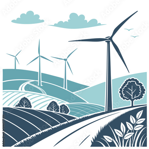 Illustration of wind turbines in a rural landscape with fields, trees, clouds, and birds in the sky