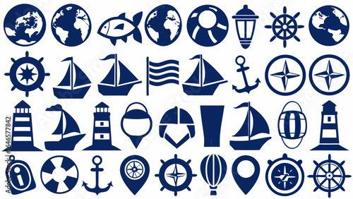 Collection of nautical themed icons including ships, globes, anchors and navigational elements in blue color