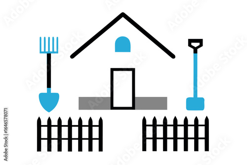 House with garden tools and fence on white background home building