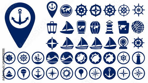 Collection of navy blue nautical themed icons featuring anchors sailboats and steering wheels in various designs