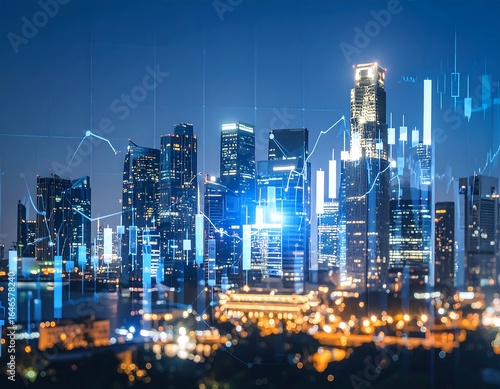 Wallpaper Mural City skyline at night overlaid with financial charts (1) Torontodigital.ca