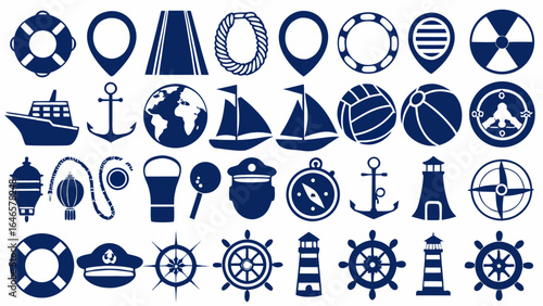 Illustration of nautical themed icons including boats anchors compasses and other maritime elements in blue