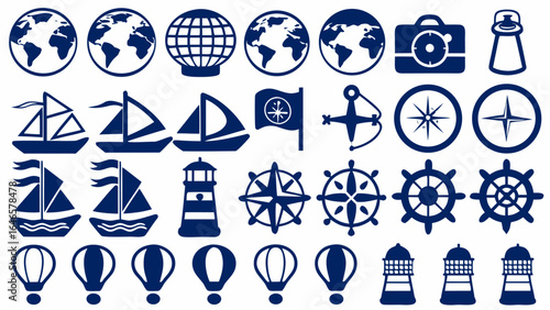Collection of nautical themed icons including globes sailboats compasses and travel related symbols in blue