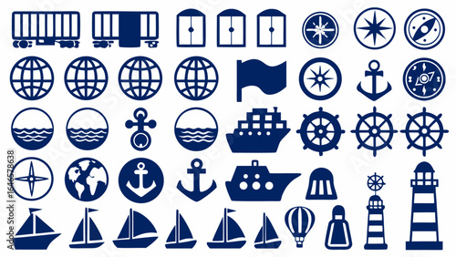 Illustration showcasing various nautical and transportation themed icons in a simple and clean style design