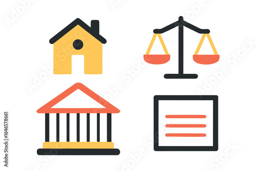 Collection of legal and property icons including scales of justice courthouse