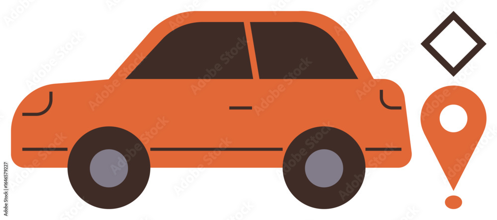 Naklejka premium Orange car alongside location pin and diamond shape, symbolizing transportation, GPS, navigation, delivery, travel planning, ride-sharing, and road safety. Clean simple flat metaphor