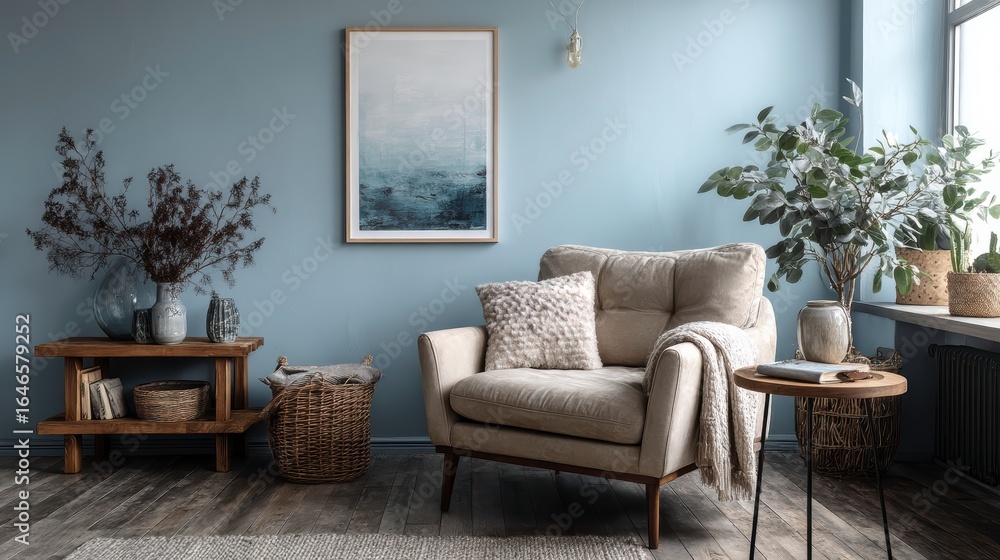 Sillón beige y póster de maqueta sobre pared azul. Diseño de interiores de una sala de estar moderna.