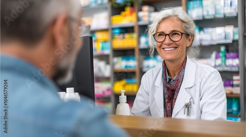Smiling female pharmacist assisting a customer in a pharmacy setting.
