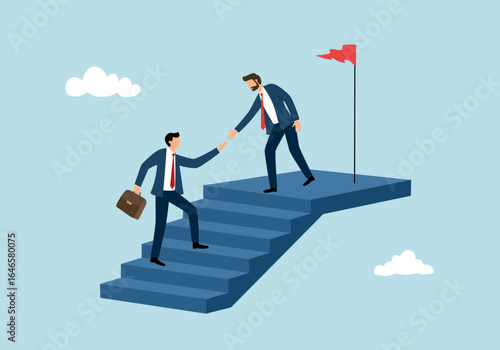 Business mentor or leadership help colleague to succeed and reach goal achieve target, mentorship, support or help career success. Businessman leader help employee climb to target at top of stair.