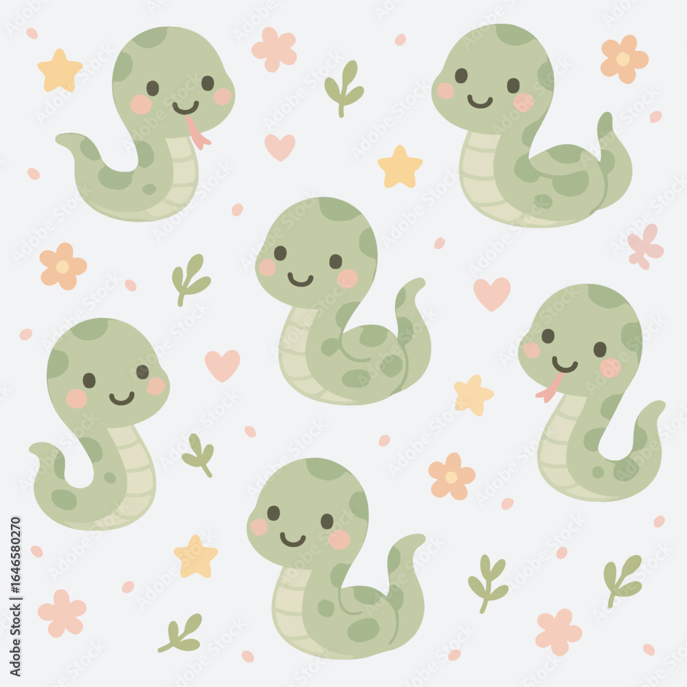 Naklejka premium Cute Cartoon Style Green Snake with Flowers Seamless Pattern