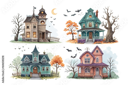 set of watercolor Haunted House vector illustration isolated on white background