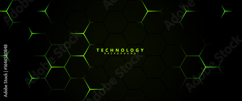 Futuristic hexagon technology background with glowing neon green edges on dark gradient, ideal for digital, gaming, and cyber design projects.