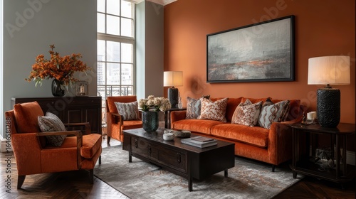 Wallpaper Mural Tonos naranjas intensos en una sala de estar con decoración escultural, mesa de centro y aparador de madera oscura. Torontodigital.ca