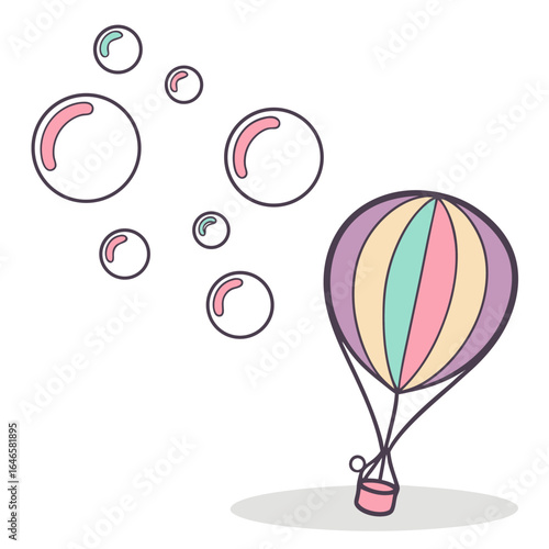 Illustration of hot air balloons flying over rolling hills with a pastel colored sky and birds flying below