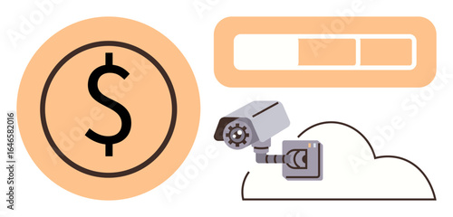 Dollar sign, security camera, cloud symbol, and progress bar visualizing cloud security, cost analysis, and technology. Ideal for cybersecurity, cloud computing, data privacy finance cost