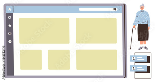 Elderly person using website featuring simple layout, large buttons, and account login boxes. Ideal for accessibility, user-friendly design, technology learning, aging, education, inclusivity