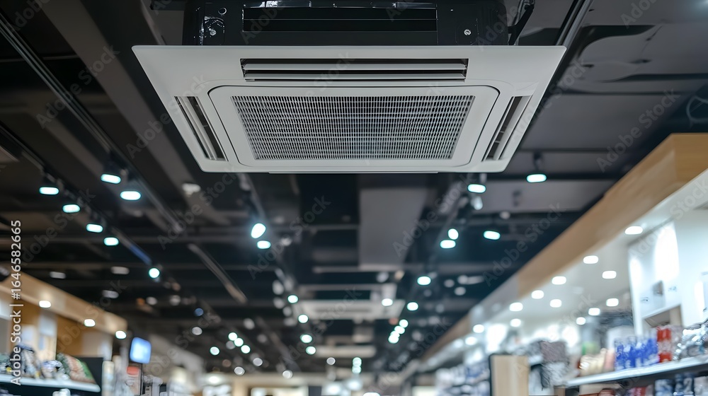 Naklejka premium Cassette type air conditioner and lamp on white ceiling.