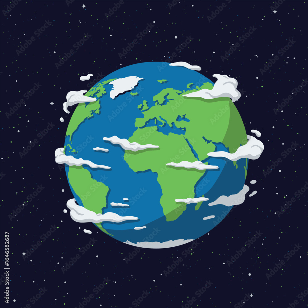 Fototapeta premium A simplified illustration of Earth, with blue oceans and green continents, surrounded by clouds and stars in a dark sky.
