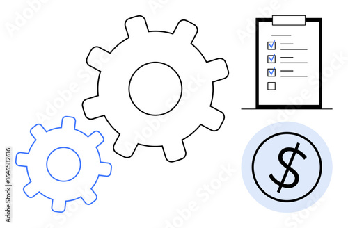 Gears representing process, checklist symbolizing tasks, and dollar icon indicating financial goals. Ideal for workflow, planning, efficiency, management, productivity budgeting strategy. Simple