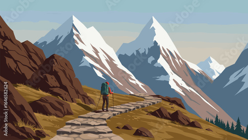 A hiker standing on a mountain trail, gazing at snow-capped peaks