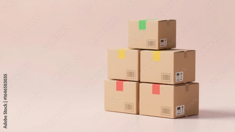 Fototapeta premium Colorful shipping labels on neatly stacked cardboard packages, representing modern e-commerce logistics