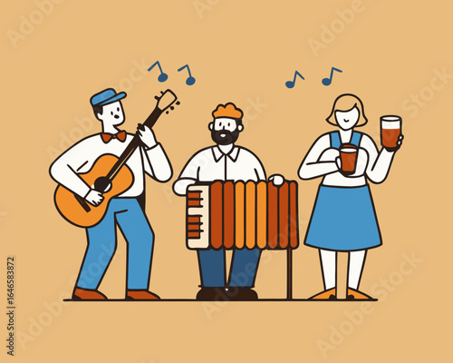 Trio performing lively music in Biergarten with accordion, guitar, and trumpet, while visitors enjoy drinks and applaud in festive atmosphere at summer festivals in Germany