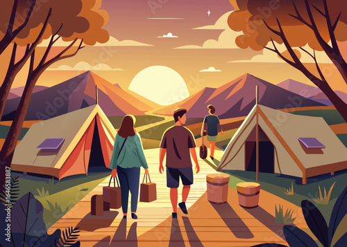 Friends arriving at glamping site with canvas tents and wooden decks, carrying reusable bags, enjoying nature and outdoor adventure in a serene sunset atmosphere