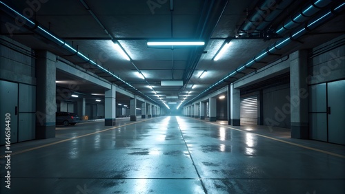 Modern Underground Parking Garage with Bright LED Lighting and Wet Floor