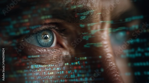Close-up of a man's eye with digital code reflecting, creating a tech-inspired mood.