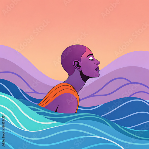 Digital art, Illustration, Stylized person, Swimming, Waves, Ocean, Water, Abstract waves, Colorful, Artistic, Modern art, Female figure, Sunset background, Purple skin, Gradient background, Creative 