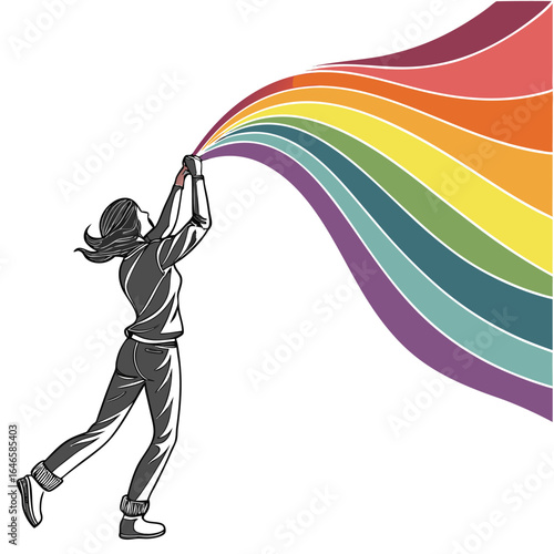 Woman holding a large rainbow colored wave streamer with both hands in a white background illustration