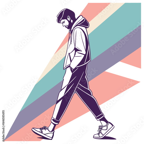 Man with beard in hoodie and pants walking with colorful striped background illustration design style
