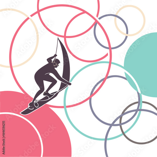 Silhouette of a windsurfer over colorful circles creating a vibrant and dynamic abstract background design