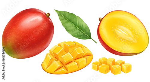 Fresh ripe mangoes and cubes isolated on transparent background