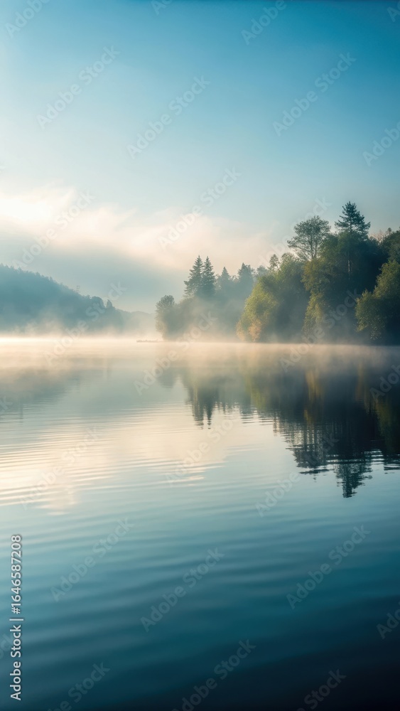 Fototapeta premium Foggy water surface with subtle waves reflected in a misty atmosphere