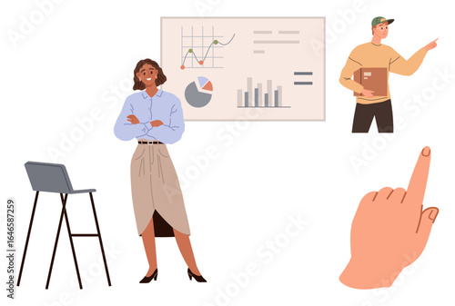 Professional woman explaining charts and graphs, man giving input, and hand pointing at key information. Ideal for business, education, teamwork, communication, analysis, instruction