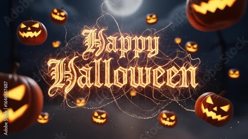 Festive Halloween Animated Background with Glowing Pumpkins and Happy Halloween Text in Dark Night Ambience Creates a Spooky Celebration with Energetic Motion Graphics