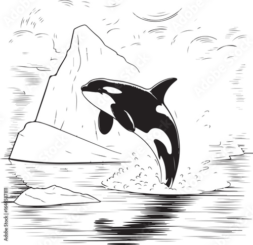 Engraved Orca & Iceberg Vector Pack – Breaching Whale Under Stormy Arctic Skies in Retro Style