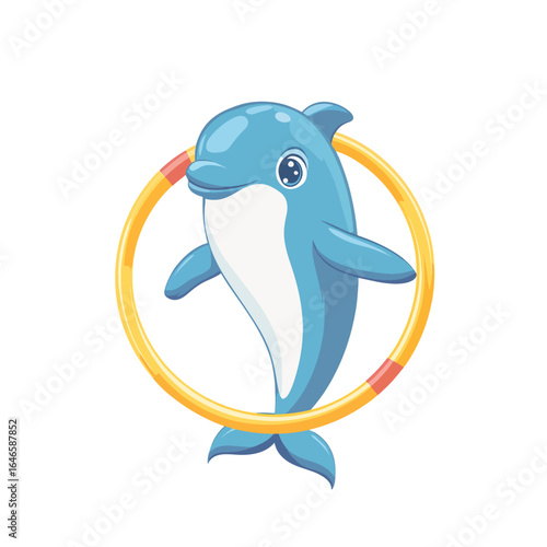 Cartoon Dolphin Leaping Through a Yellow and Orange Hula Hoop