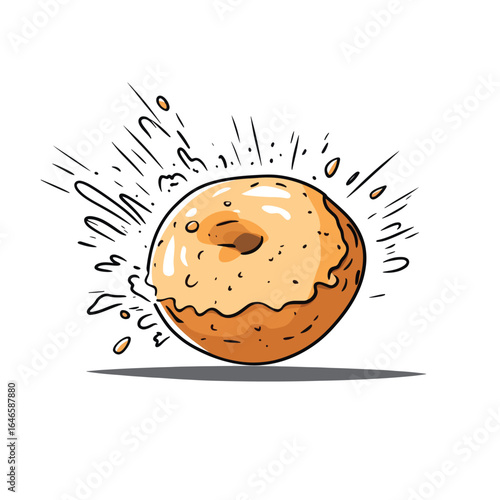 Cartoon donut with dripping glaze and dynamic motion lines casting a subtle shadow