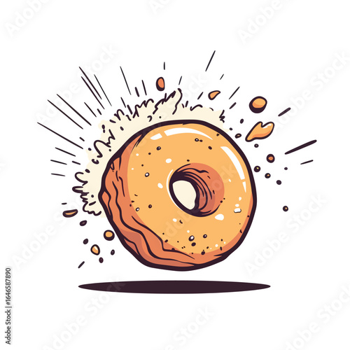 Cartoon donut with orange glaze and dark brown outline surrounded by splash effect
