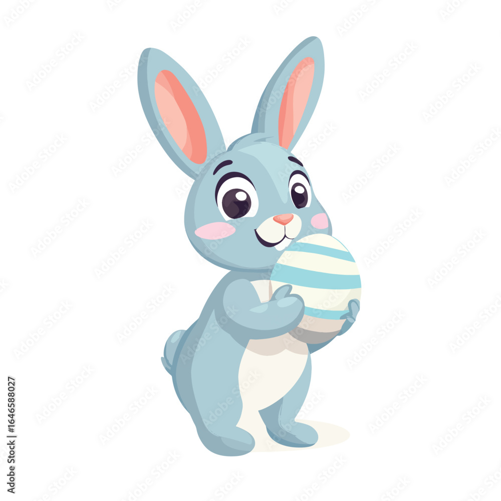 Fototapeta premium Cartoon Easter Bunny Holding a Blue Striped Egg with a Cheerful Expression