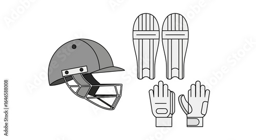 Vector illustration of cricket protective gear including a helmet, leg pads, and batting gloves on a white background.
