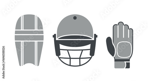 Essential cricket protective gear set featuring a helmet, leg pad, and batting glove, presented in a clean, modern flat design for sports safety and player protection.