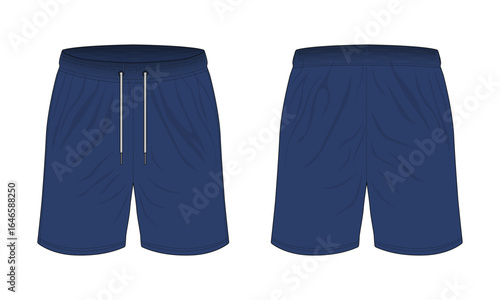 Illustration of navy blue sports shorts front and back view