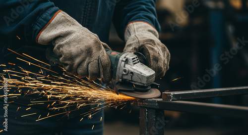 Welder grinding steel with sparks in industrial workshop, manufacturing and metalwork concept