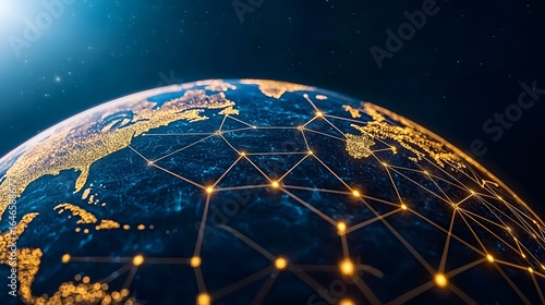 This image features a digital representation of the earth with illuminated cities and interconnected network lines against a dark blue backdrop filled with stars.